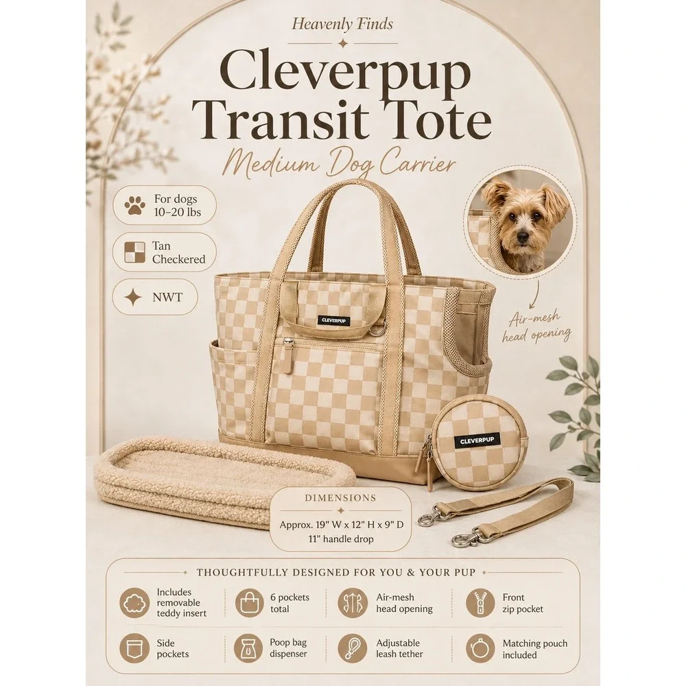 Cleverpup Transit Tote Medium Dog Carrier Tan Checkered NWT Travel Bag 8-20lbs